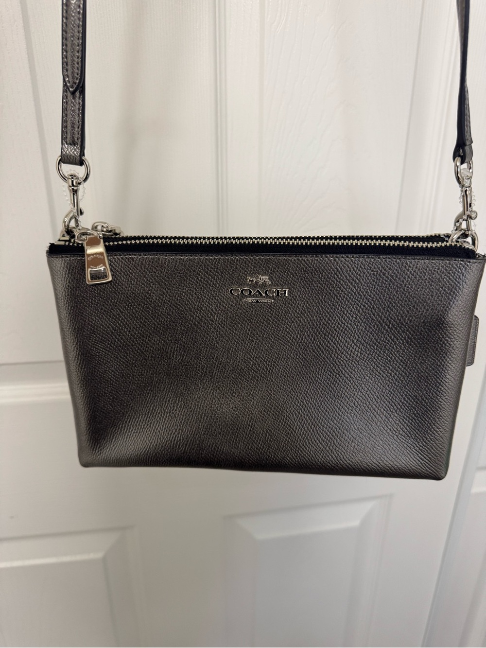 Coach Lyla Double Zip Crossbody Bag in a metallic finish